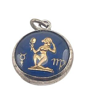 Virgo Zodiac Pendant Charm Glass Bubble Blue Sterling Enamel Astrology Jewelry S